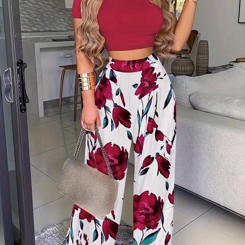 Boho Summer Two Pieces Set, Cropped Solid Short Sleeve T-shirt & High Waist Floral Print Wide Leg Pants Outfits, Women's Clothing