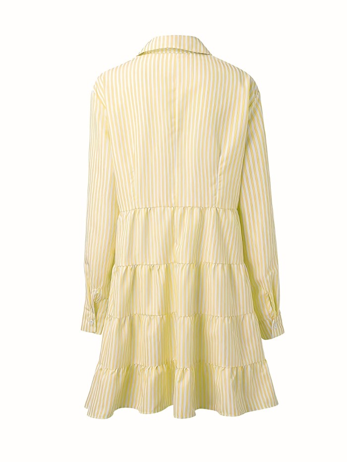 Striped Ruffle Layered Hem Shirt Dress, Casual Button Long Sleeve Tiered Dress, Women's Clothing