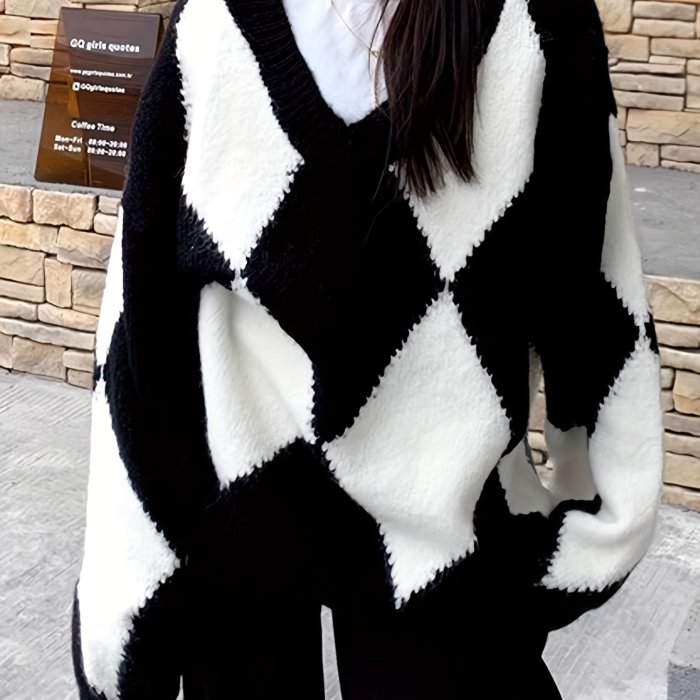 Argyle Pattern V Neck Pullover Sweater, Casual Long Sleeve Drop Shoulder Sweater, Women's Clothing