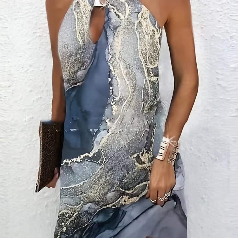 Gold Marble Print Ocean Wave Halter Neck Dress, Elegant Beach Sleeveless Loose Vacation Dress, Women's Clothing