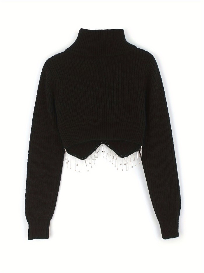Solid Turtle Neck Pullover Sweater, Casual Tassel Trim Long Sleeve Slim Crop Sweater, Women's Clothing