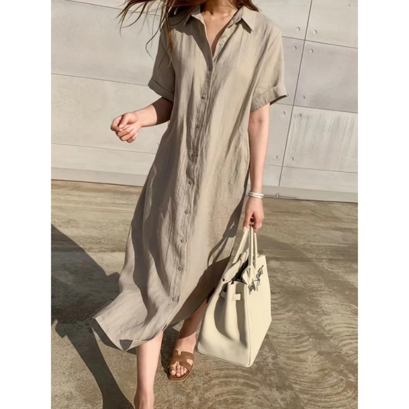 Solid Button Front Dress, Casual Short Sleeve Maxi Dress With A Collar, Women's Clothing