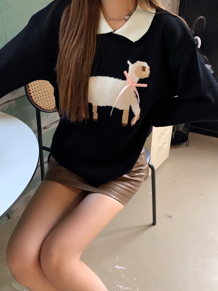 Lamb Pattern Collared Pullover Sweater, Cute Long Sleeve Knit Sweater, Women's Clothing