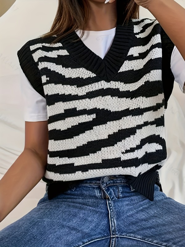 Striped V Neck Knitted Vest, Elegant Sleeveless Sweater For Spring & Fall, Women's Clothing