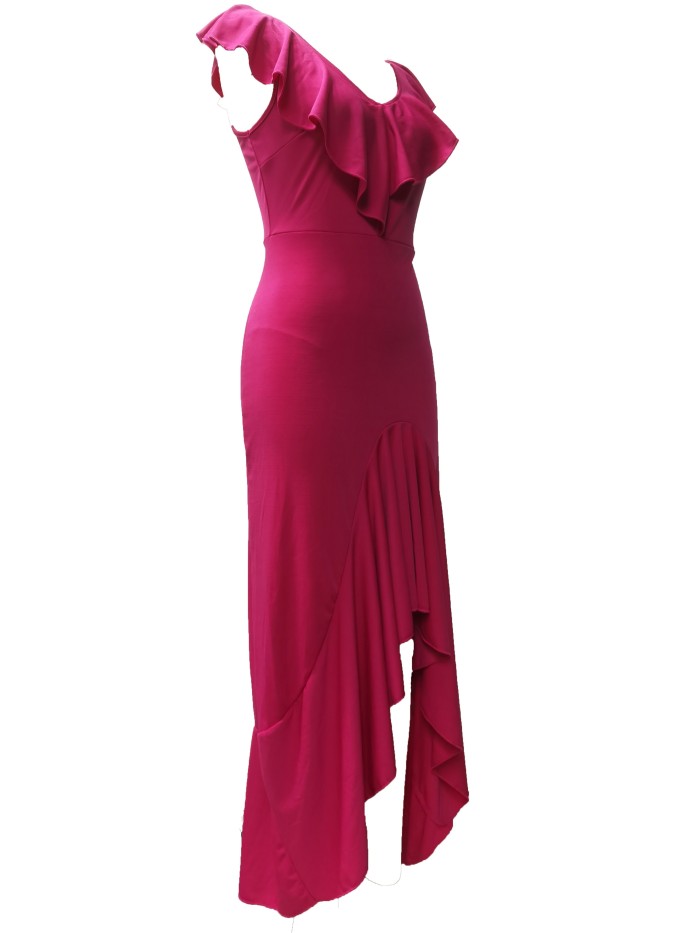 Off Shoulder Ruffle Hem Dress, Elegant Floor Length Asymmetrical Hem Dress For Party, Women's Clothing