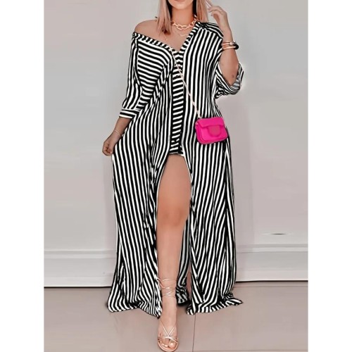 Women's Striped Long Dresses, V-Neck Party Dating Casual Dress