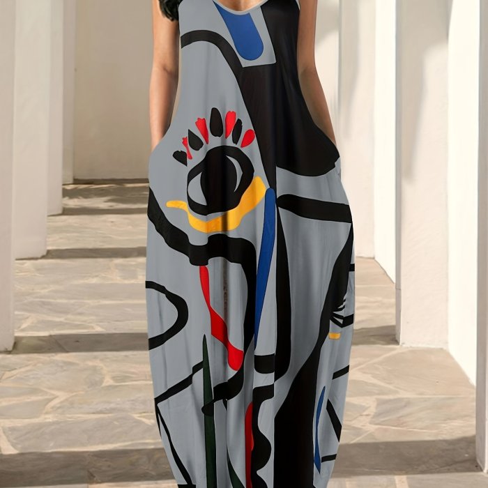 Abstract Oil Painting Print Dress, Casual Sleeveless Summer Maxi Spaghetti Dress, Women's Clothing