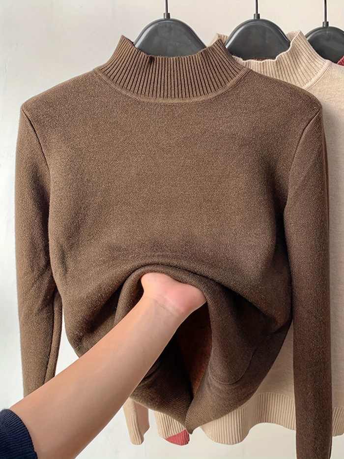 Solid Turtle Neck Fleece Pullover Sweater, Casual Long Sleeve Slim Thermal Sweater, Women's Clothing