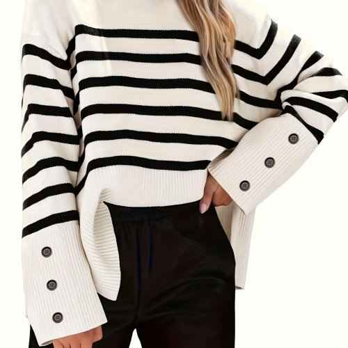 Striped Crew Neck Pullover Sweater, Casual Long Sleeve Split Hem Sweater, Women's Clothing