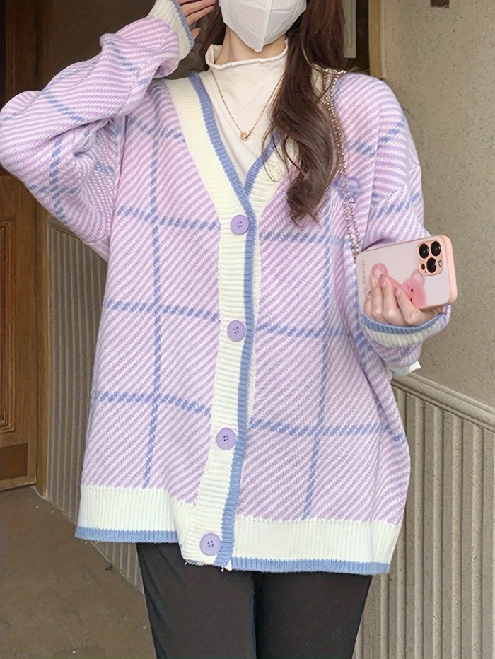 Plaid Button Down Knit Cardigan, Casual Long Sleeve Loose Sweater For Fall & Winter, Women's Clothing
