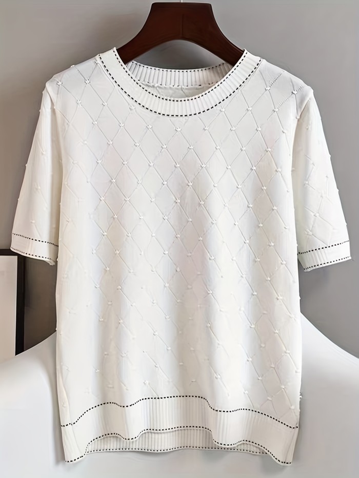 Thin Crew Neck Knitted Top, Elegant Short Sleeve Sweater For Spring & Summer, Women's Clothing