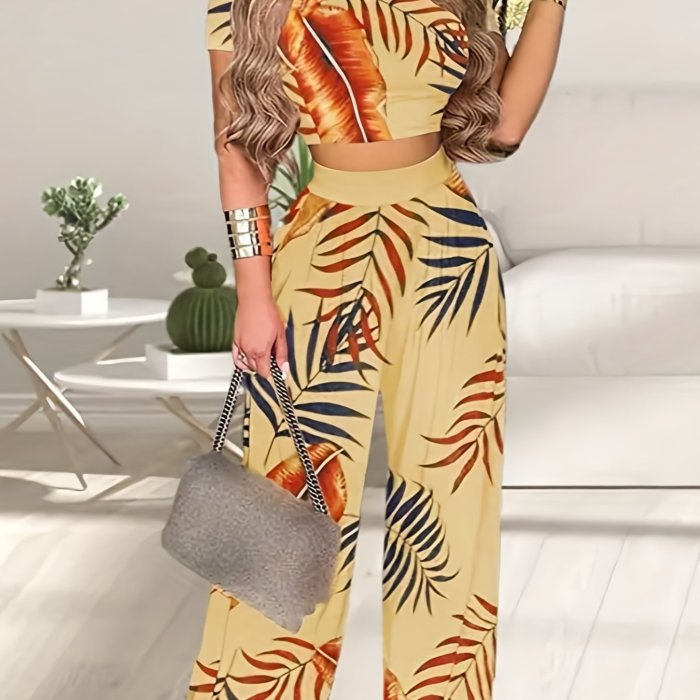 Boho Summer Two Pieces Set, Cropped Solid Short Sleeve T-shirt & High Waist Floral Print Wide Leg Pants Outfits, Women's Clothing