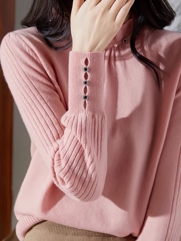 Solid Mock Neck Knitted Top, Elegant Long Sleeve Fashion Sweater, Women's Clothing