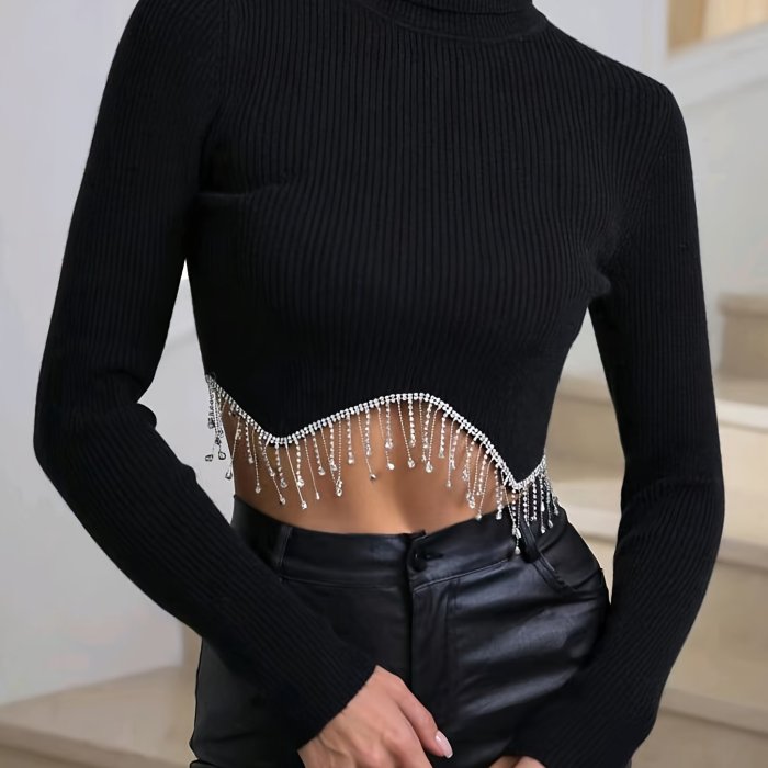 Solid Turtle Neck Pullover Sweater, Casual Tassel Trim Long Sleeve Slim Crop Sweater, Women's Clothing