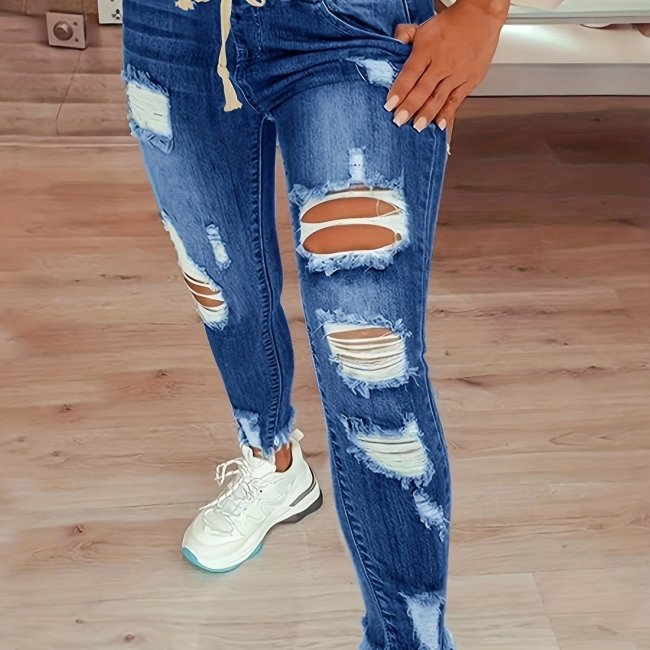 High Waist Ripped Denim Pants, Casual Raw Hem Slash Pocket Skinny Pants, Women's Denim Jeans & Clothing