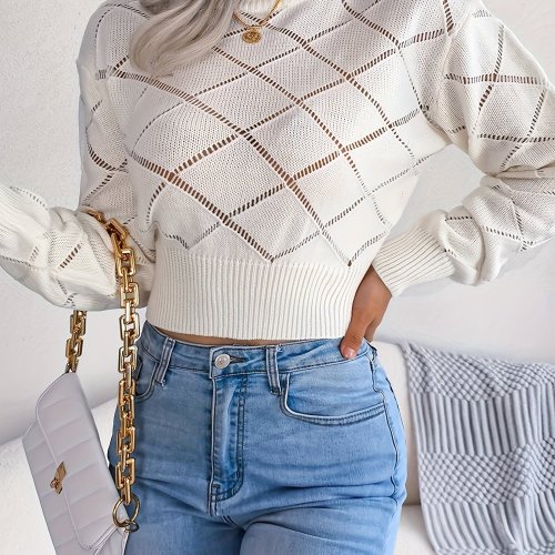 Cut Out Crew Neck Pullover Sweater, Elegant Long Sleeve Sweater, Women's Clothing