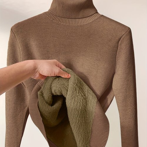Solid Turtle Neck Pullover Sweater, Casual Long Sleeve Thermal Sweater For Fall & Winter, Women's Clothing