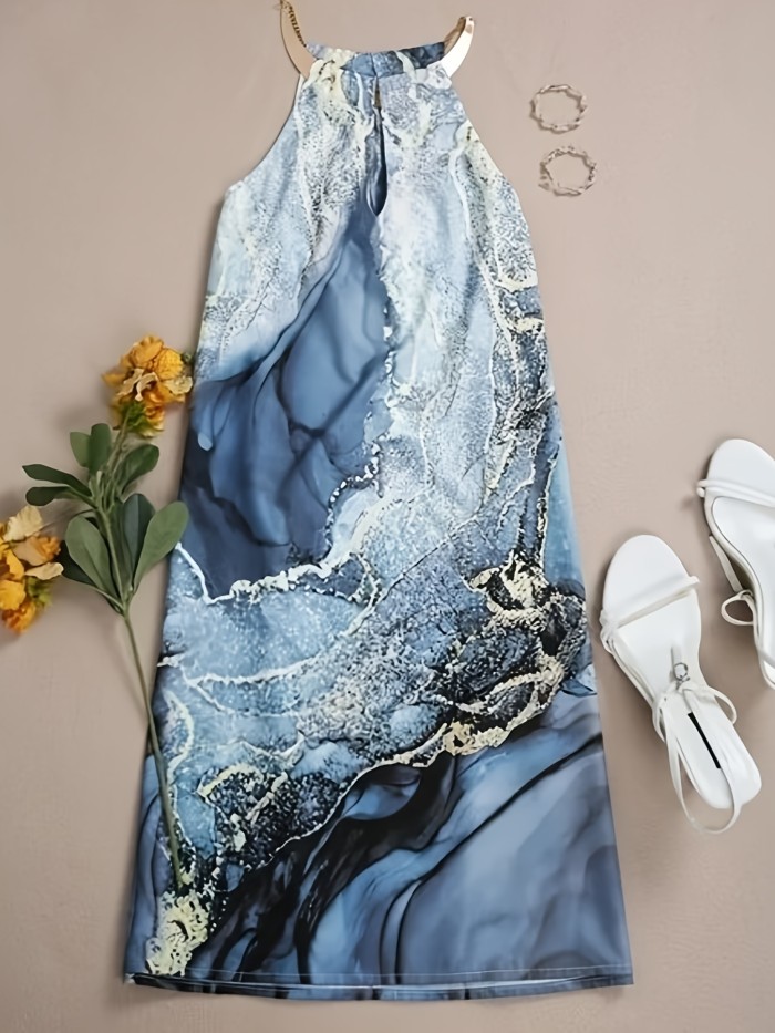 Gold Marble Print Ocean Wave Halter Neck Dress, Elegant Beach Sleeveless Loose Vacation Dress, Women's Clothing