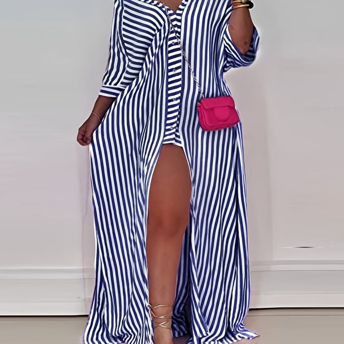 Women's Striped Long Dresses, V-Neck Party Dating Casual Dress