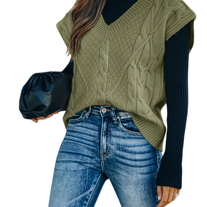 Cable Oversized Sweater Vests, Casual Loose V-Neck Sleeveless Fall Winter Knit Sweater Vest, Women's Clothing