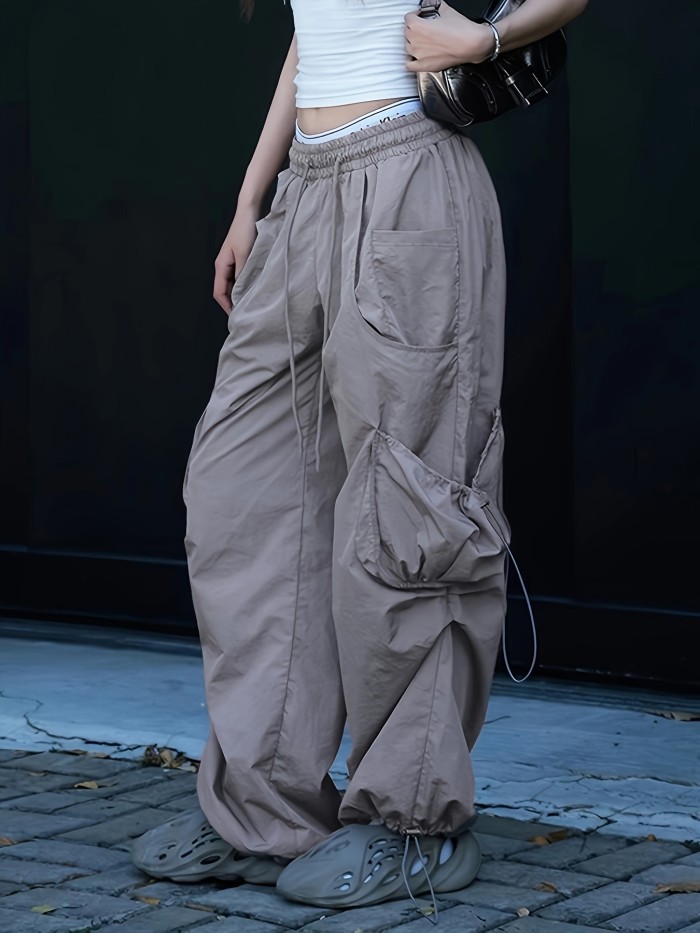 Solid Drawstring Baggy Cargo Pants, Y2K Streetwear Pants With Pocket, Women's Clothing