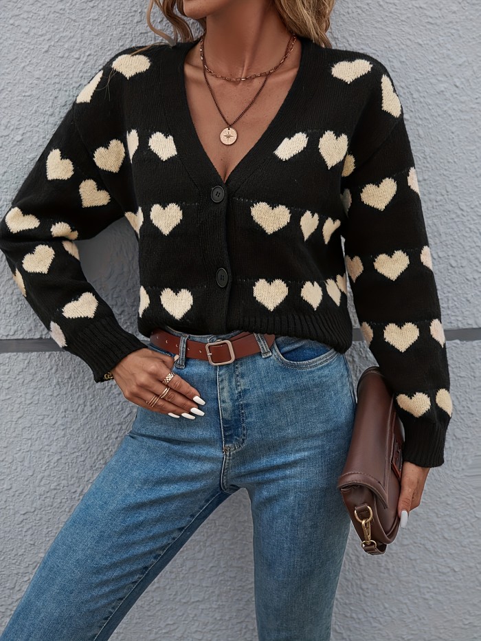 Heart Pattern Button Down Knit Cardigan, Casual V Neck Long Sleeve Sweater, Women's Clothing