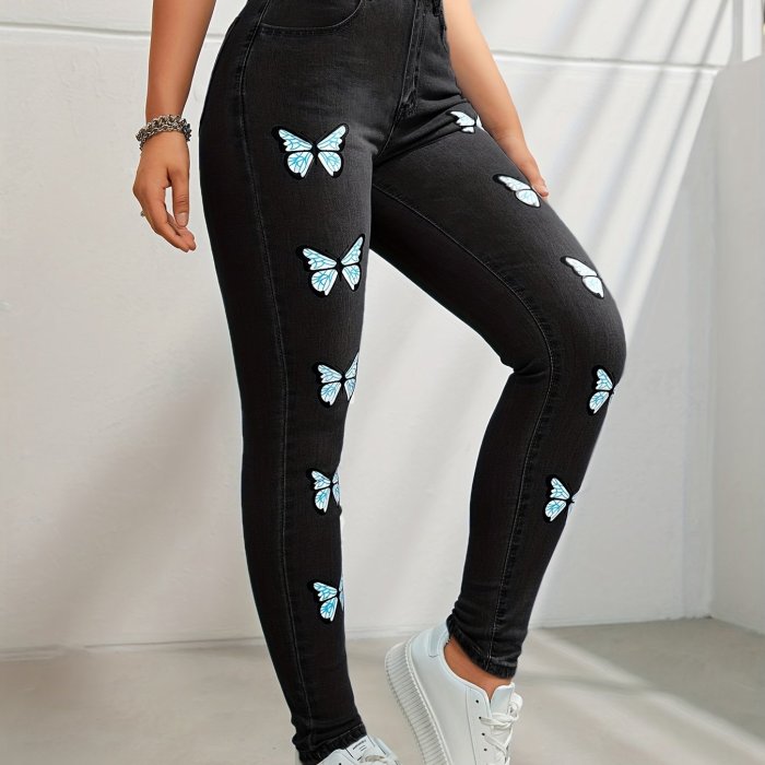 Butterfly Print High Stretch Skinny Jeans, Slash Pocket Y2K Washed Denim Pants, Women's Denim Jeans & Clothing