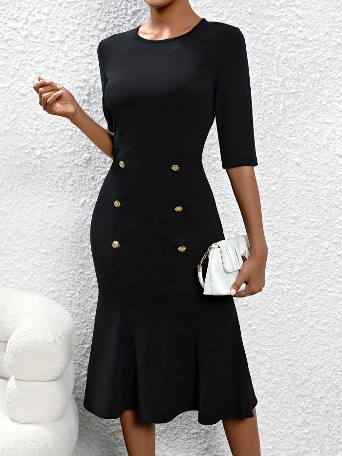 Ruffle Solid Bodycon Dress, Elegant Crew Neck Half Sleeve Dress With Buttons, Women's Clothing