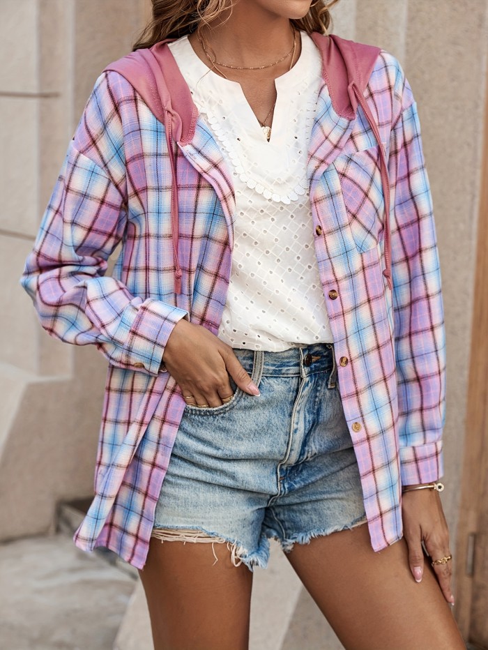 Plaid Pattern Hooded Shirt, Casual Long Sleeve Button Front Top, Women's Clothing