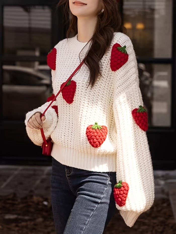 Women's Strawberry Print Crew Neck Crochet Knit Tops, Cute Fall Winter Pullover Sweaters, Women's Clothing