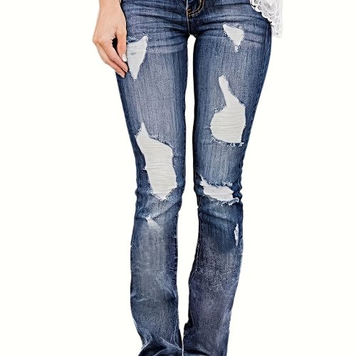 Ripped Holes Washed Bootcut Jeans, High Stretch Slant Pockes Denim Pants, Women's Denim Jeans & Clothing
