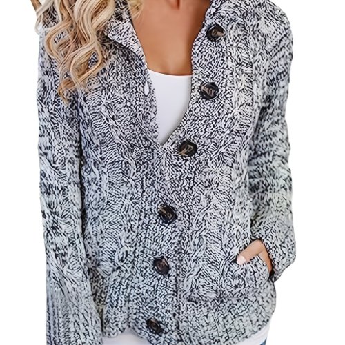 Cable Knit Button Down Hooded Cardigan, Casual Long Sleeve Sweater Coat With Pocket, Women's Clothing