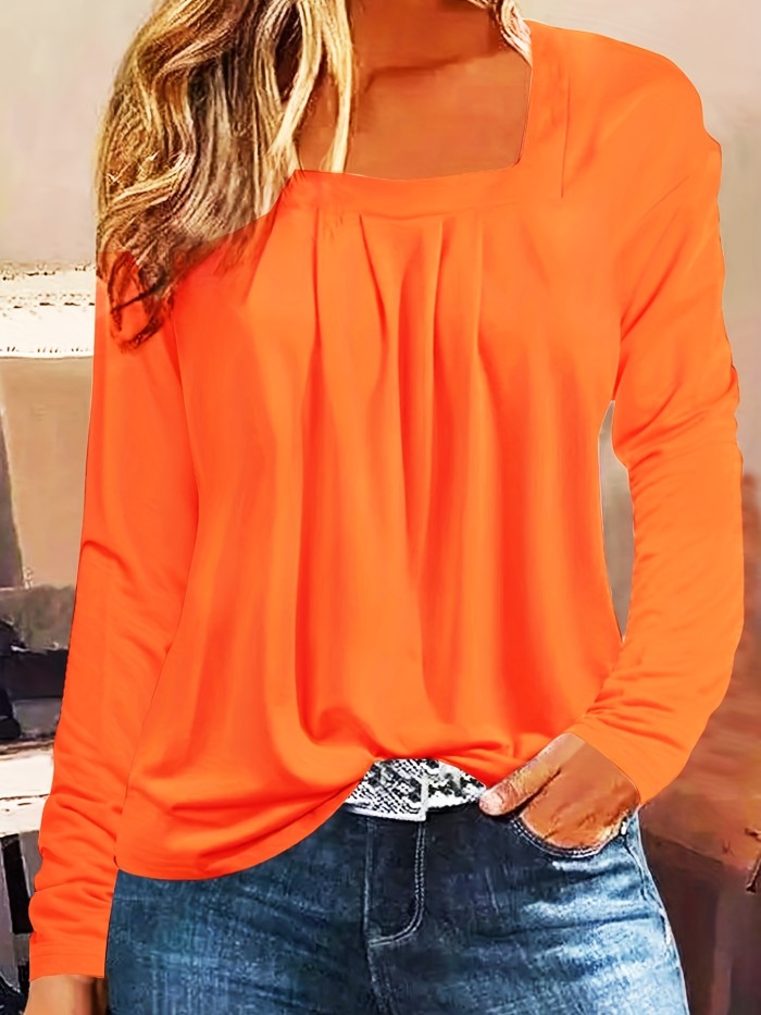 Solid Tucked T-shirt, Casual Squared Neck Long Sleeve T-shirt, Women's Clothing