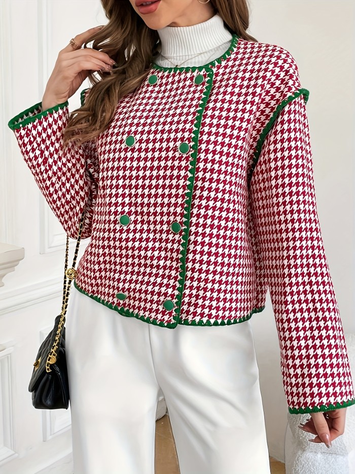 Houndstooth Print Contrast Trim Jacket, Elegant Long Sleeve Outerwear With Buttons, Women's Clothing