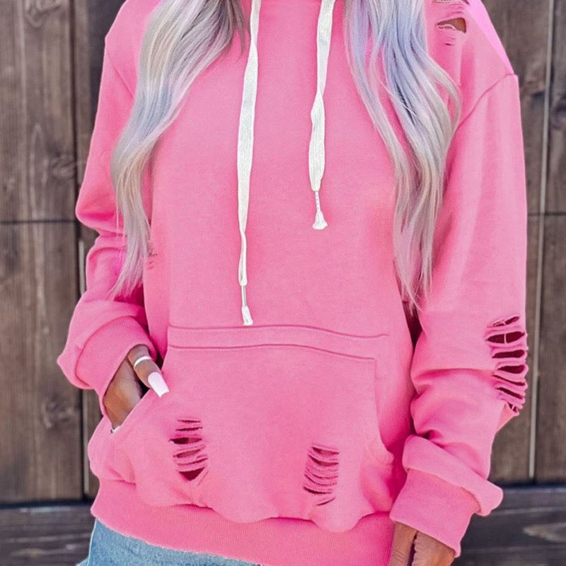 Women's Sweatshirt Shabby Distressed Drawstring Hoodie