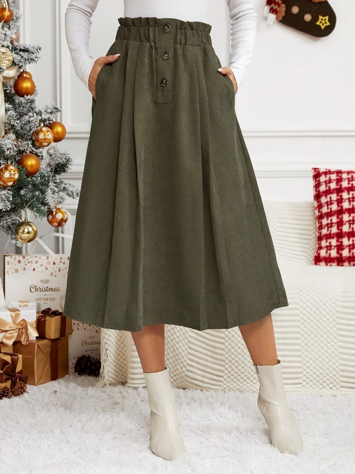 Solid Elastic Waist Flared Skirt, Elegant Button Big Swing Midi Skirt, Women's Clothing