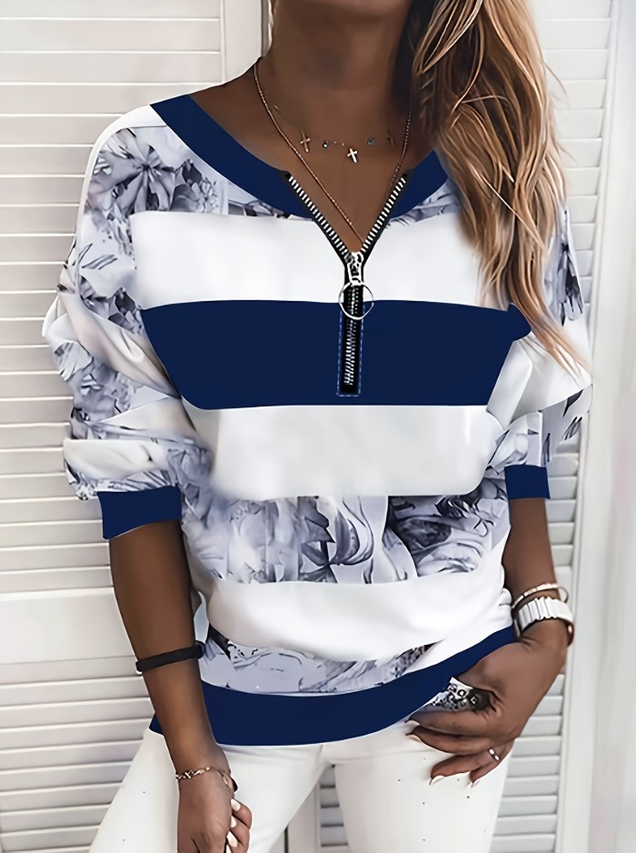 Floral Print Striped Zipper Pullover Sweatshirt, Casual Long Sleeve Sweatshirt For Fall & Winter, Women's Clothing