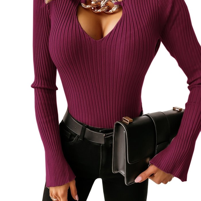 Women's Sweater Casual Cut Out V Neck Long Sleeve Loose Fall Winter Sweater
