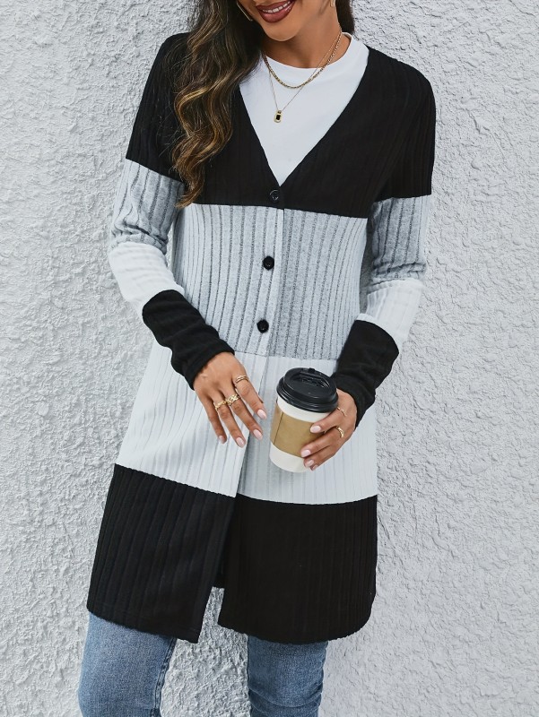 Color Block Button Front Knit Cardigan, Casual Long Sleeve Mid Length Sweater, Women's Clothing