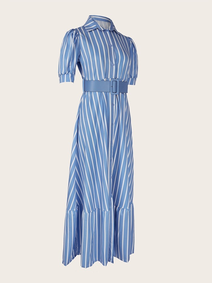 Elegant Striped Lace Up Long Dress, Short Sleeve V-neck Swing Belt Summer Long Dresses, Women's Clothing