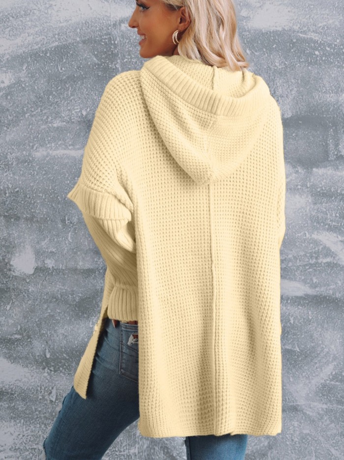 Women's Sweater Hooded Apricot Waffle Knit Loose Slit Drawstring Sweater