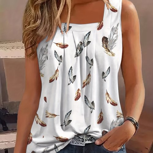 Feather Print Ruched Square Neck Tank Top, Casual Sleeveless Top For Summer, Women's Clothing