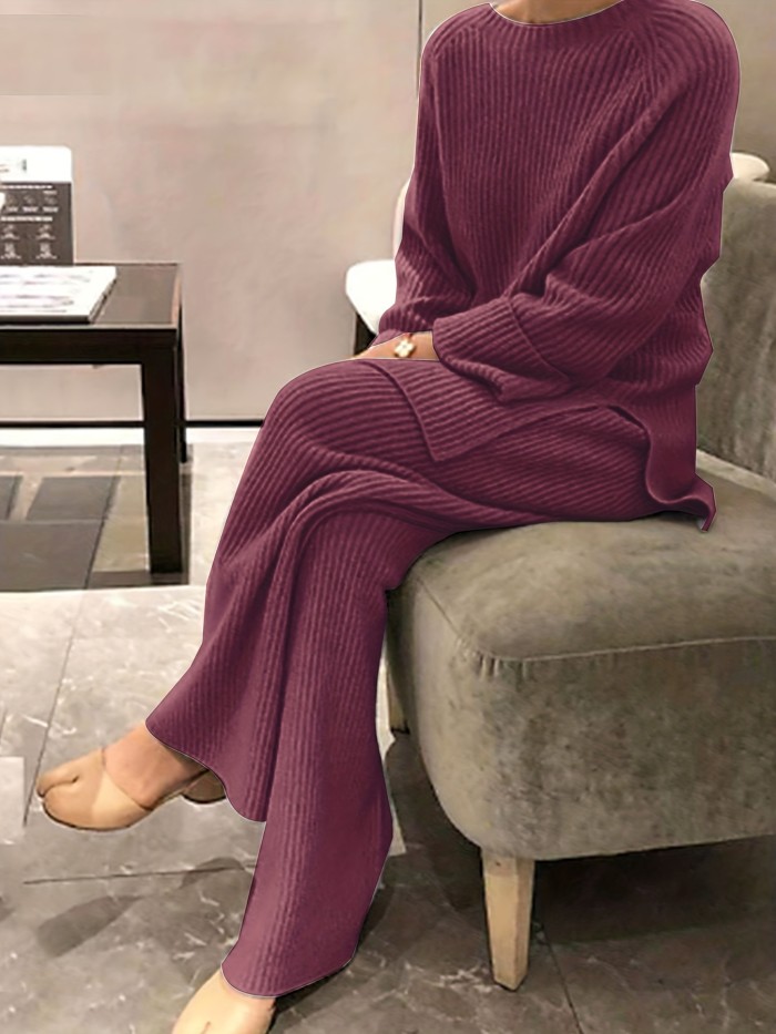 Plus Size Casual Sweater Outfits Set, Women's Plus Solid Ribbed Knit Long Sleeve Crew Neck Split Jumper & Pants Sweater Outfits Two Piece Set