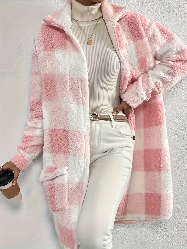 Plaid Fuzzy Button Front Coat, Casual Long Sleeve Warm Outerwear, Women's Clothing