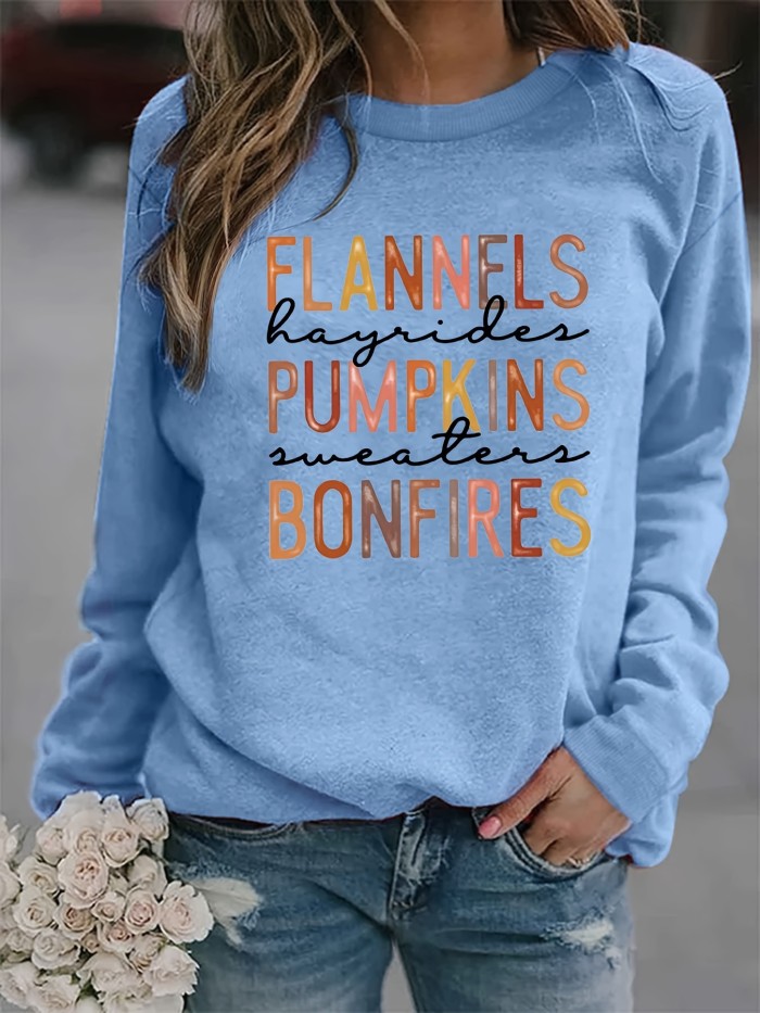 Flannel Pumpkin Bonfire Print Sweatshirt, Casual Long Sleeve Crew Neck Sweatshirt, Women's Clothing