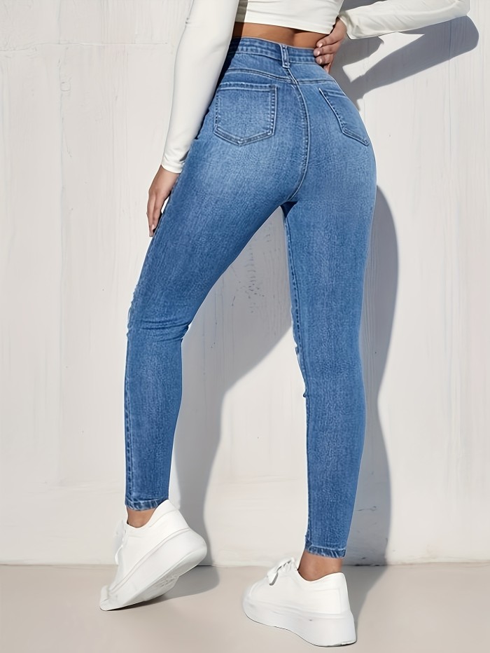 Ripped Holes Casual Skinny Jeans, High Stretch Slant Pockets Tight Jeans, Women's Denim Jeans & Clothing