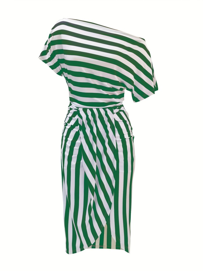 Striped Off Shoulder Dress, Casual Asymmetrical Short Sleeve Dress, Women's Clothing