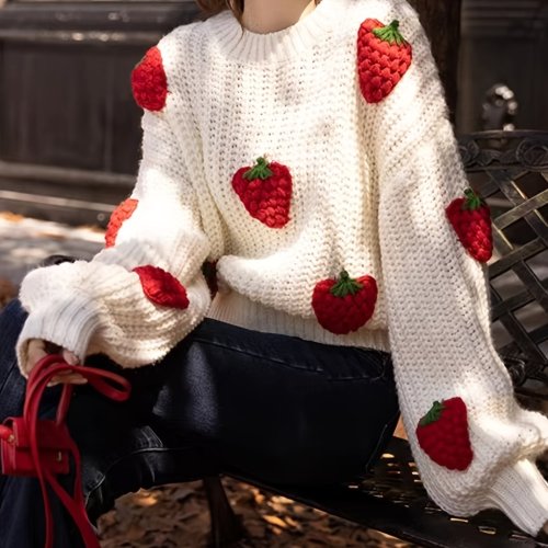 Women's Strawberry Print Crew Neck Crochet Knit Tops, Cute Fall Winter Pullover Sweaters, Women's Clothing