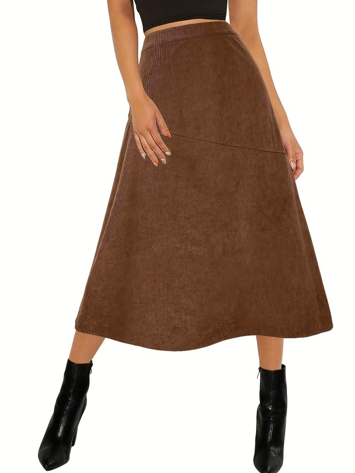 Solid High Waist Corduroy Skirt, Casual A Swing Midi Skirt For Spring & Fall, Women's Clothing