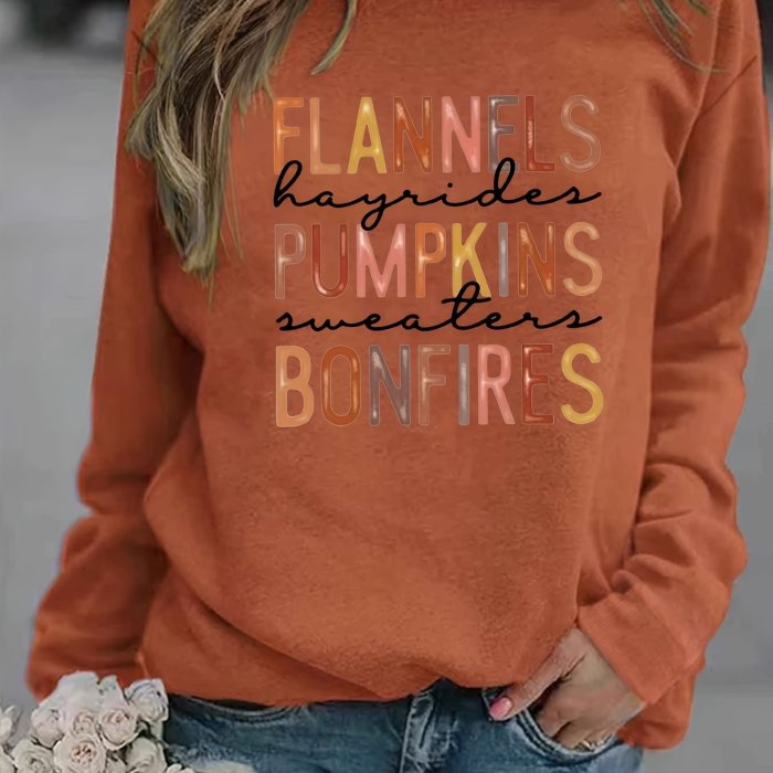 Flannel Pumpkin Bonfire Print Sweatshirt, Casual Long Sleeve Crew Neck Sweatshirt, Women's Clothing